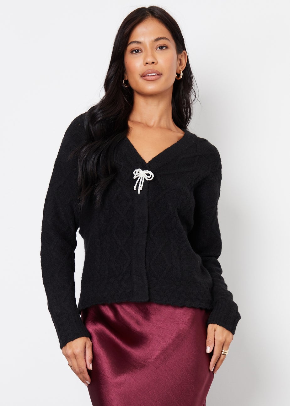 Threadbare Black Bow Detail Cable Knit Cardigan