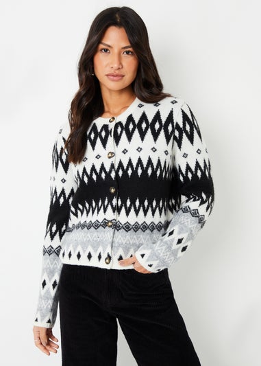 Threadbare Black Fairisle Button Up Knitted Cardigan