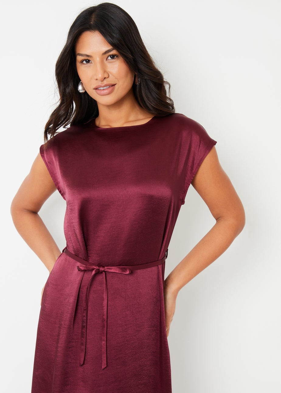 Threadbare Burgundy Belted Satin Column Maxi Dress