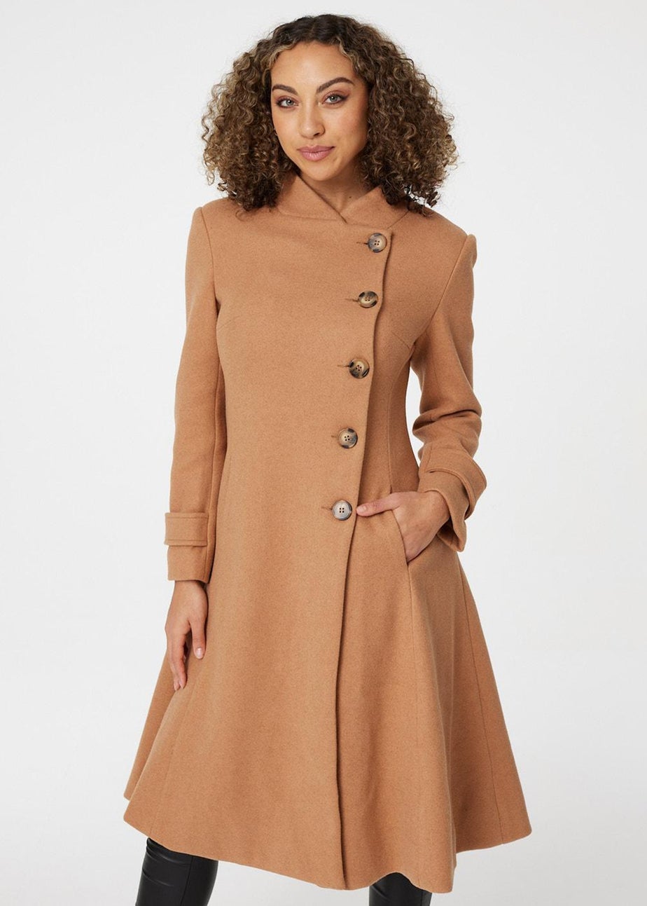 Izabel London Brown Button Front Funnel Neck Coat