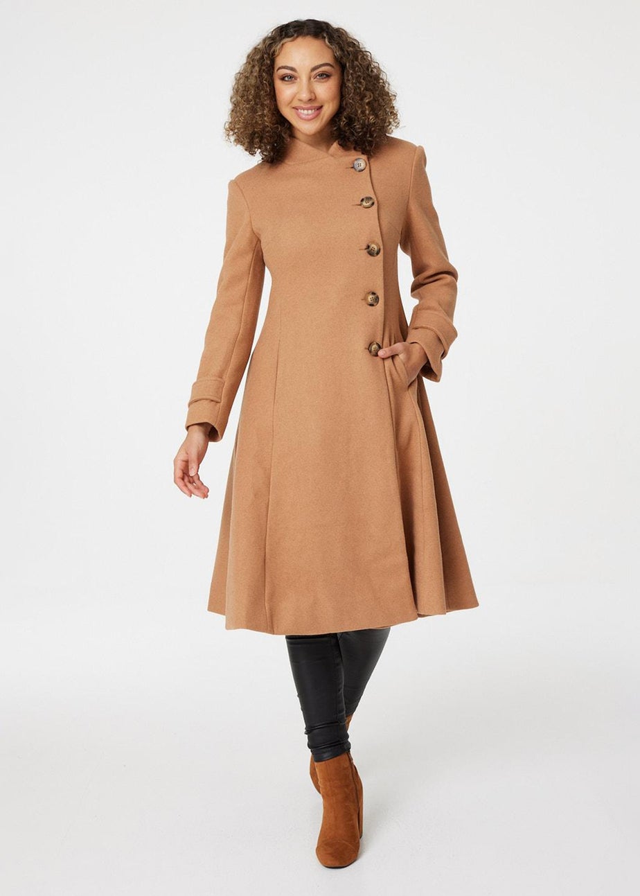Izabel London Brown Button Front Funnel Neck Coat