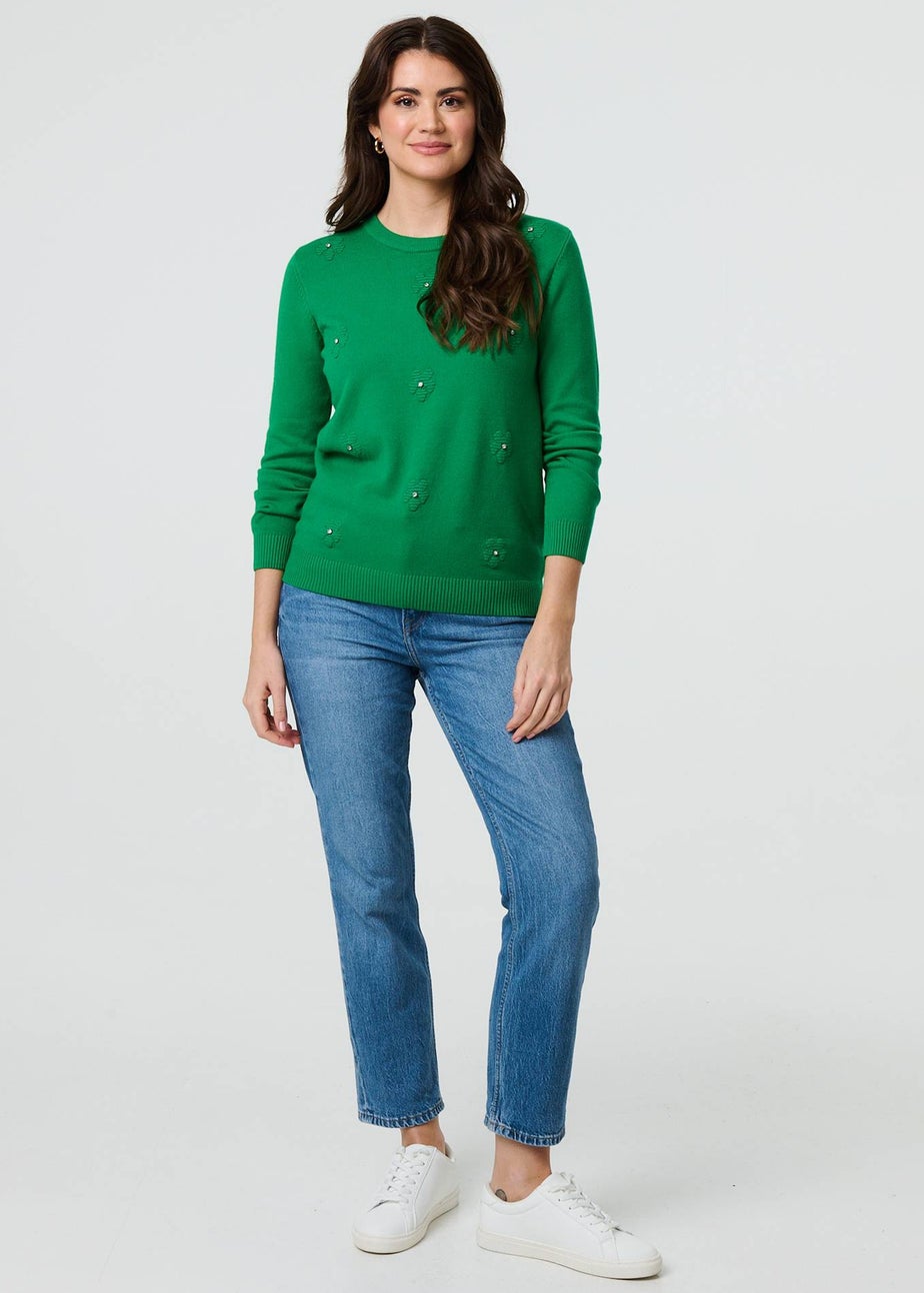 Izabel London Green Floral Gemstone Embellished Jumper