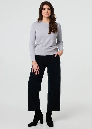 Izabel London Grey Floral Gemstone Embellished Jumper