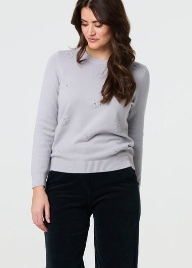 Izabel London Grey Floral Gemstone Embellished Jumper