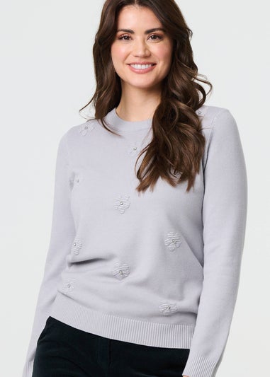 Izabel London Grey Floral Gemstone Embellished Jumper