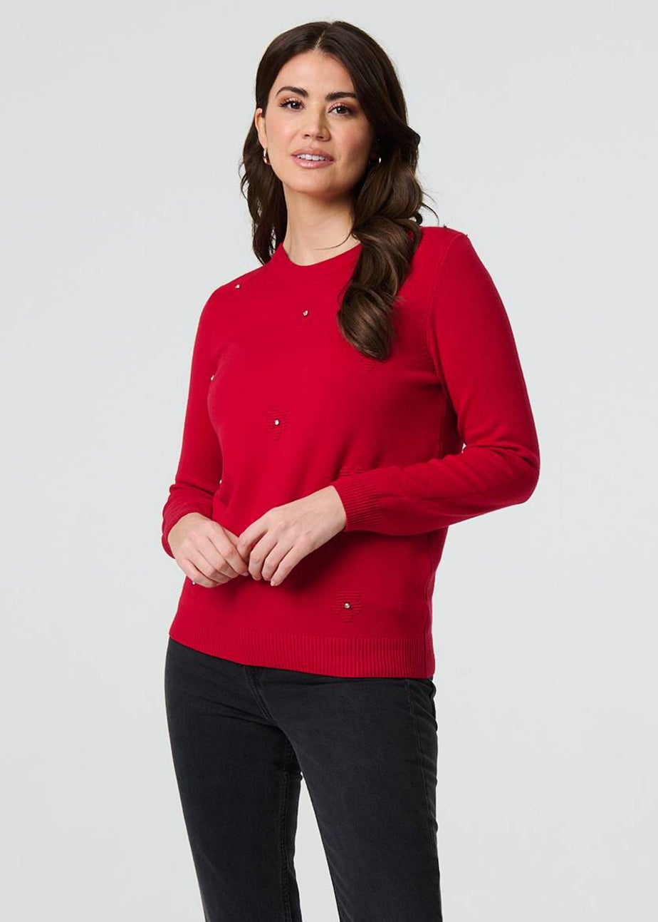 Izabel London Red Floral Gemstone Embellished Jumper