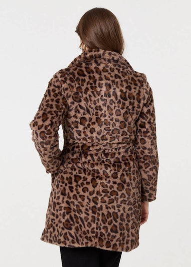 Izabel London Beige Animal Print Faux Fur Tie Waist Jacket