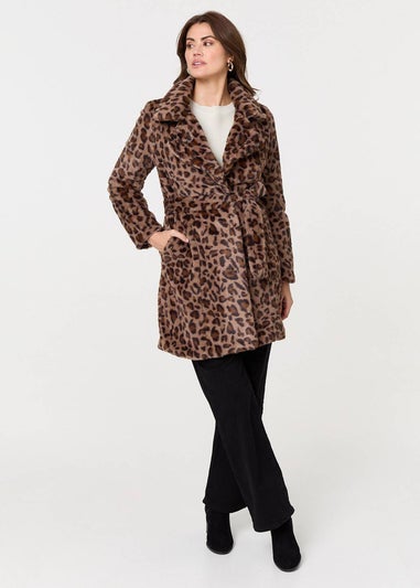 Izabel London Beige Animal Print Faux Fur Tie Waist Jacket