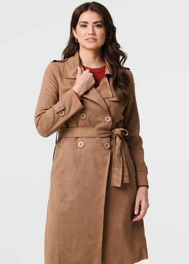 Izabel London Brown Suede Tie Waist Button Front Trench Coat
