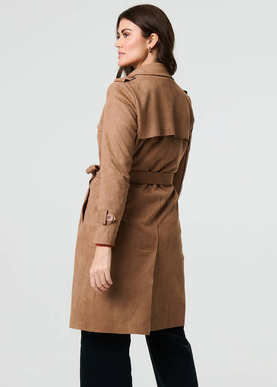 Izabel London Brown Suede Tie Waist Button Front Trench Coat