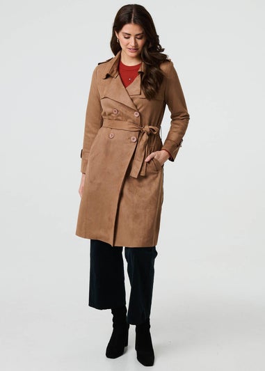 Izabel London Brown Suede Tie Waist Button Front Trench Coat