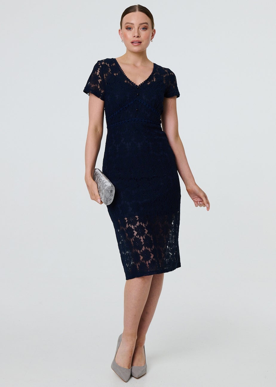 Izabel London Navy Floral Lace Layer Slim Knee Length Dress