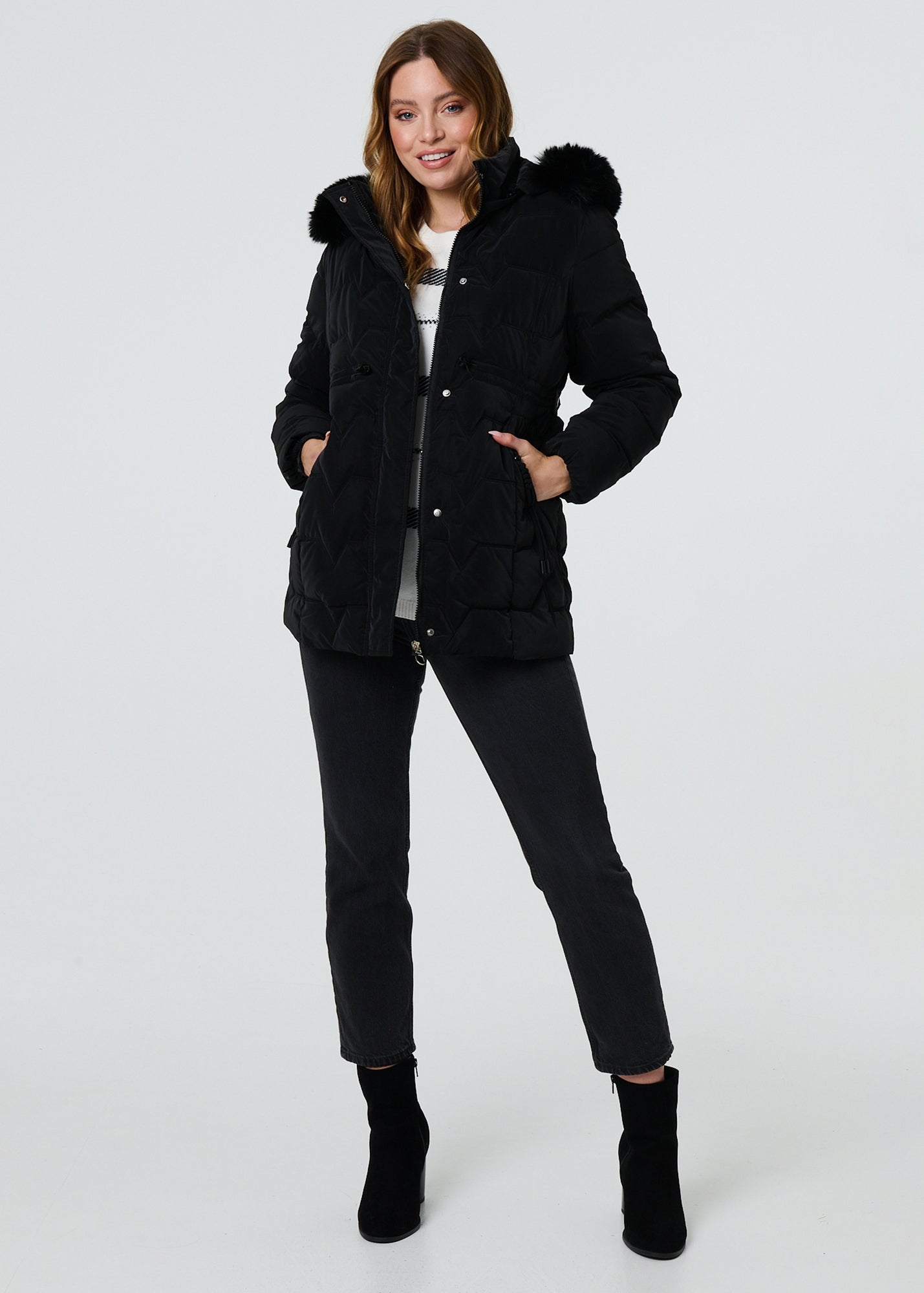 Izabel London Black Faux Fur Padded Zip-Up Hooded Jacket - Matalan