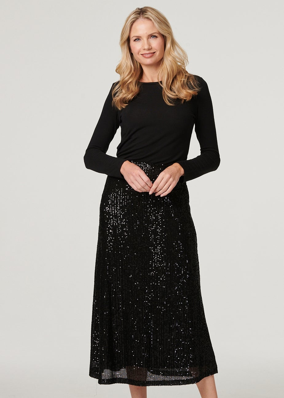 Izabel London Black Sequin High Waist Semi Sheer Midi Skirt