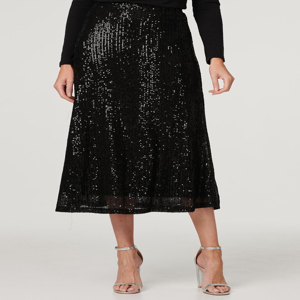 Izabel London Black Sequin High Waist Semi Sheer Midi Skirt