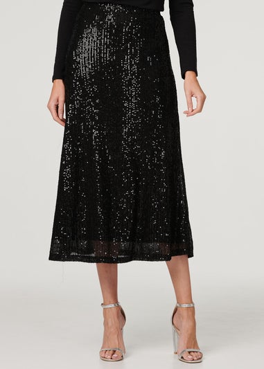Izabel London Black Sequin High Waist Semi Sheer Midi Skirt