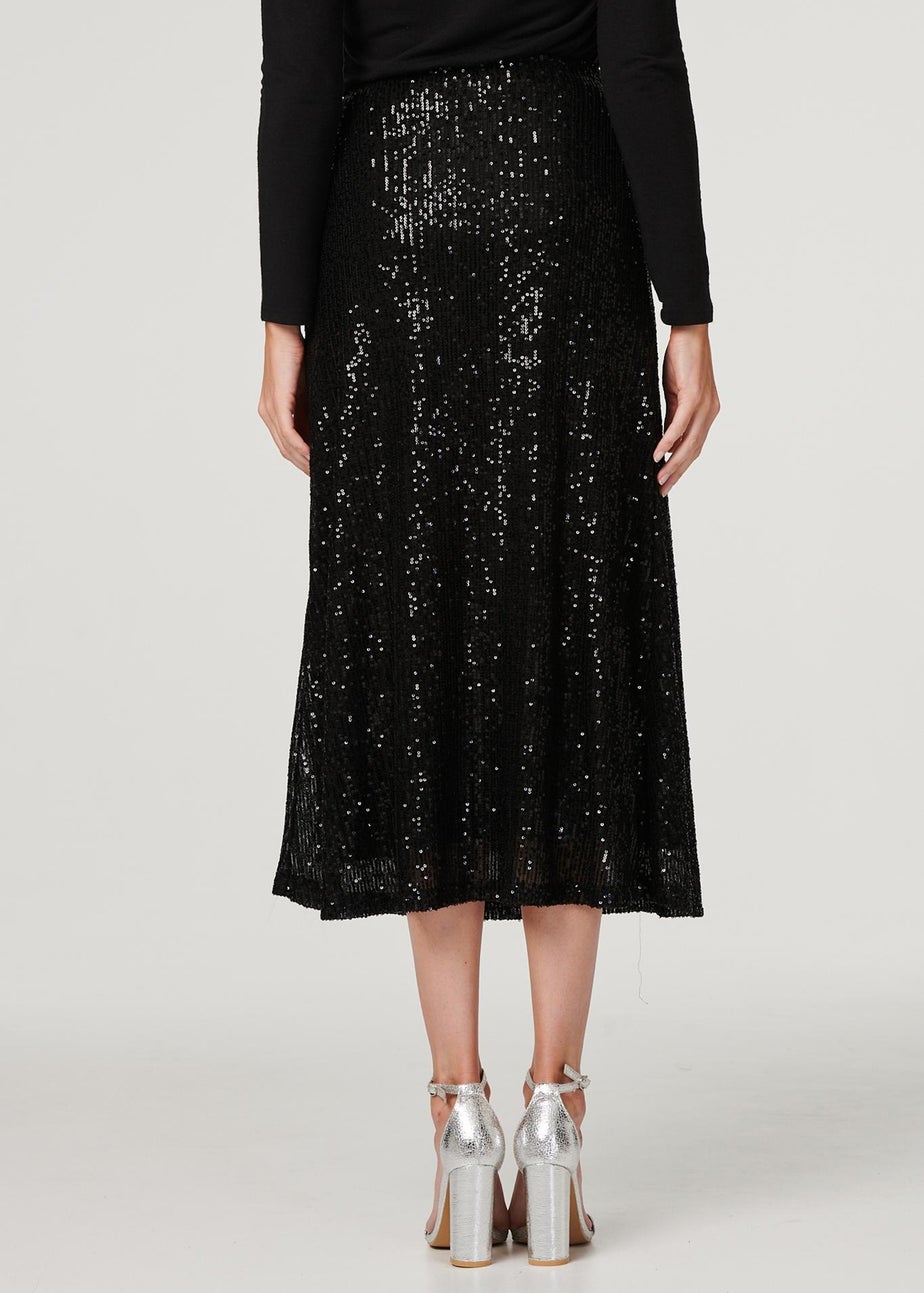Izabel London Black Sequin High Waist Semi Sheer Midi Skirt