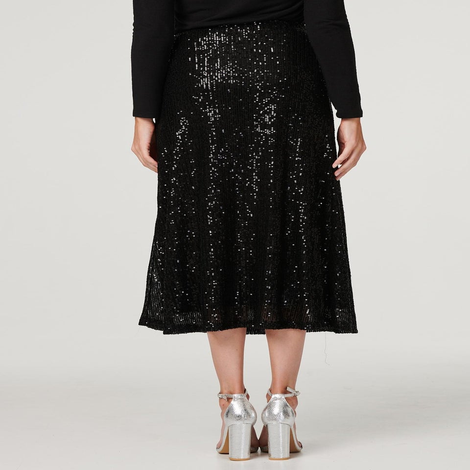 Izabel London Black Sequin High Waist Semi Sheer Midi Skirt