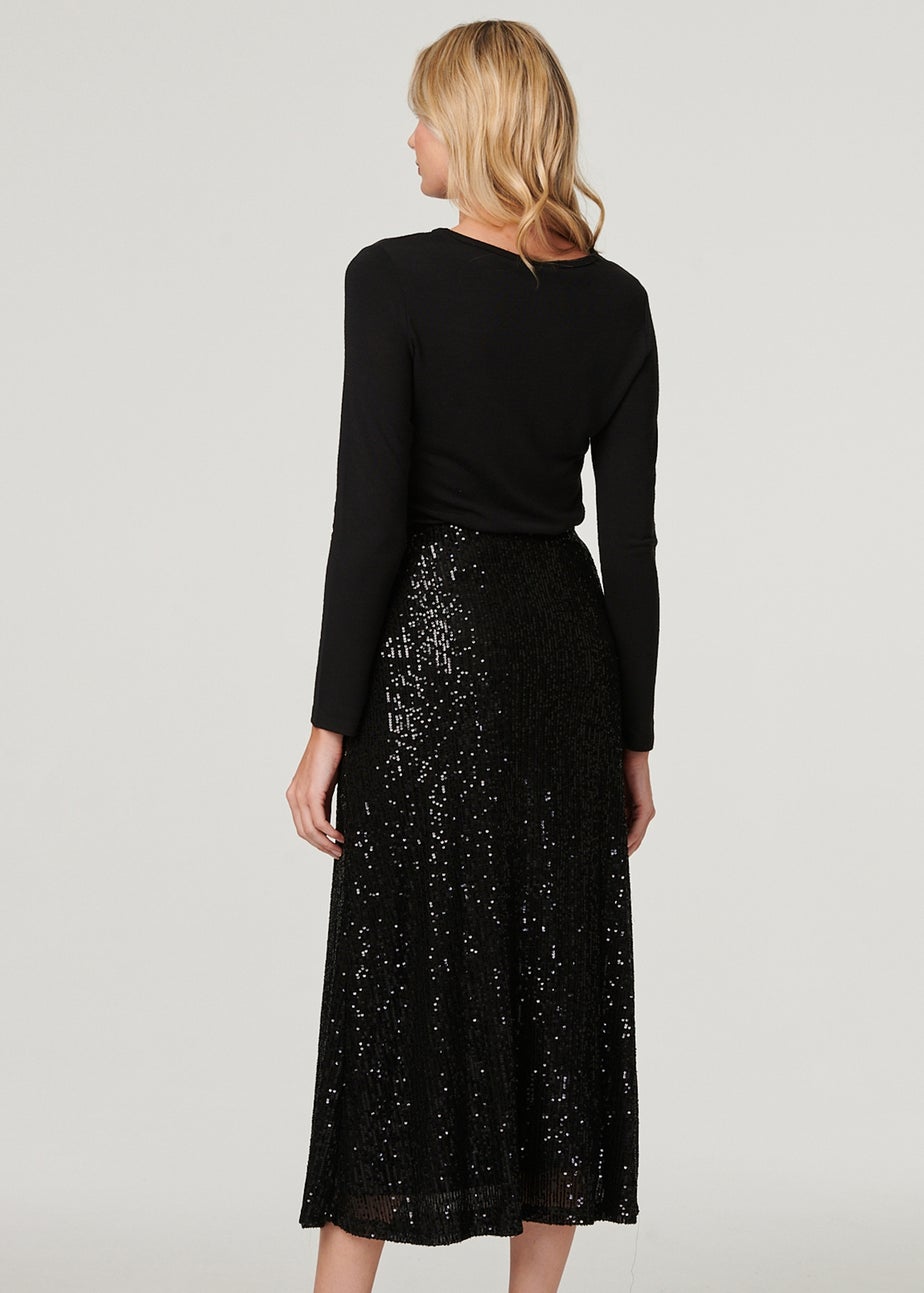 Izabel London Black Sequin High Waist Semi Sheer Midi Skirt