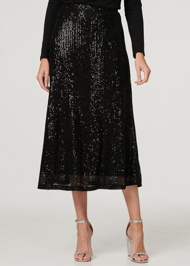 Izabel London Black Sequin High Waist Semi Sheer Midi Skirt