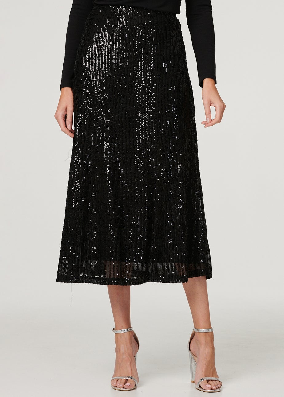 Izabel London Black Sequin High Waist Semi Sheer Midi Skirt