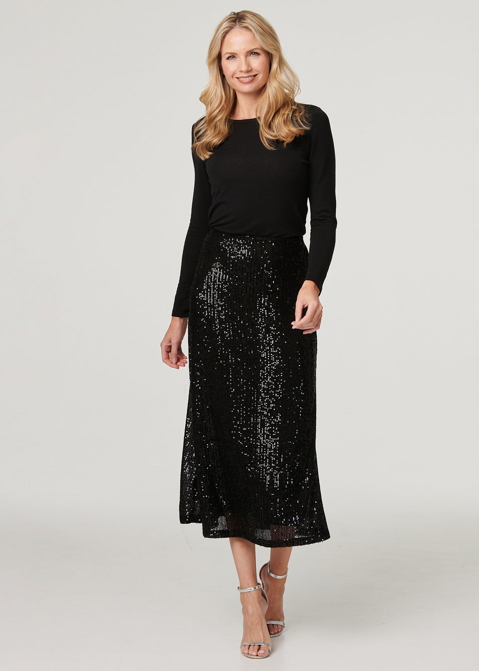 Izabel London Black Sequin High Waist Semi Sheer Midi Skirt