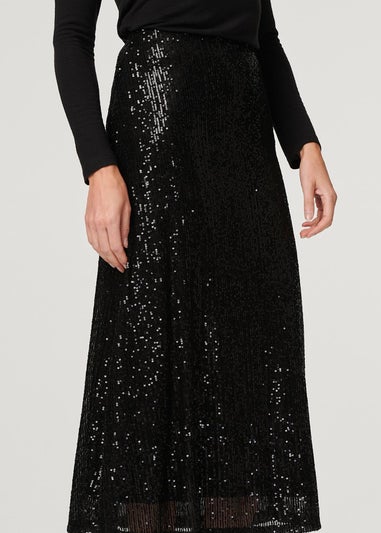 Izabel London Black Sequin High Waist Semi Sheer Midi Skirt