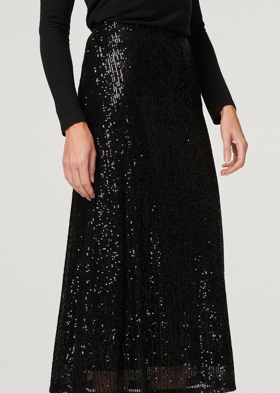 Izabel London Black Sequin High Waist Semi Sheer Midi Skirt