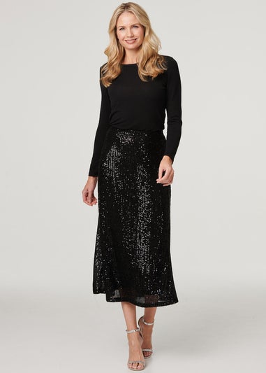 Izabel London Black Sequin High Waist Semi Sheer Midi Skirt
