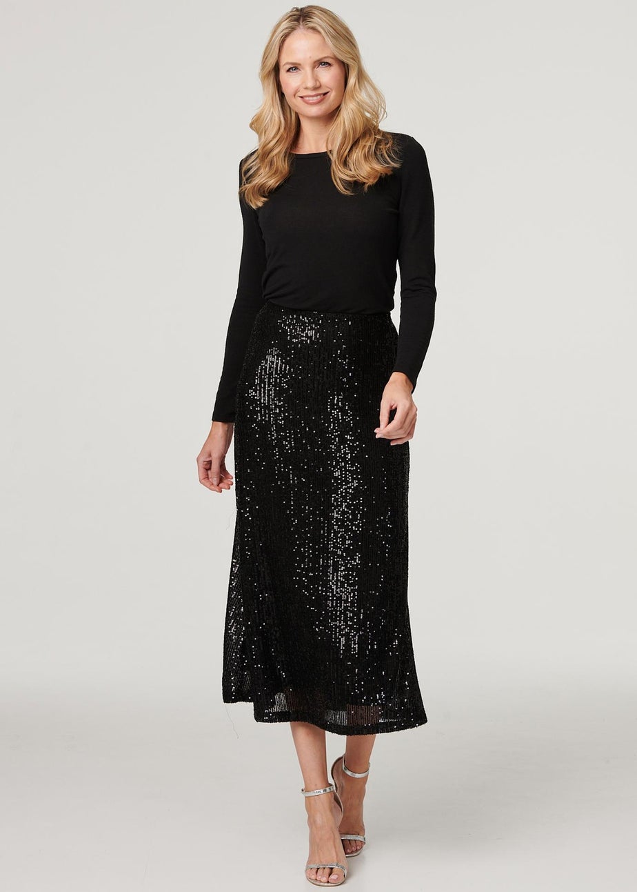 Izabel London Black Sequin High Waist Semi Sheer Midi Skirt