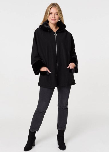 Izabel London Black Faux Fur Trim Zip-Up Relaxed Jacket