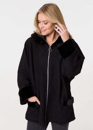 Izabel London Black Faux Fur Trim Zip-Up Relaxed Jacket