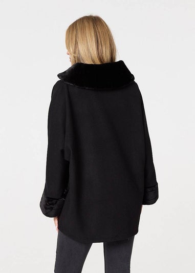 Izabel London Black Faux Fur Trim Zip-Up Relaxed Jacket