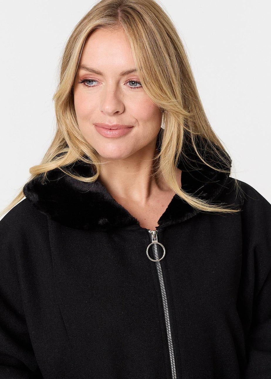 Izabel London Black Faux Fur Trim Zip-Up Relaxed Jacket