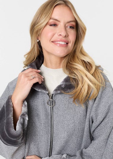 Izabel London Grey Faux Fur Trim Zip-Up Relaxed Jacket