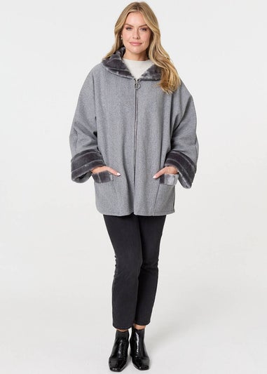 Izabel London Grey Faux Fur Trim Zip-Up Relaxed Jacket