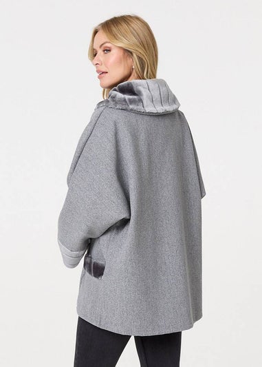 Izabel London Grey Faux Fur Trim Zip-Up Relaxed Jacket