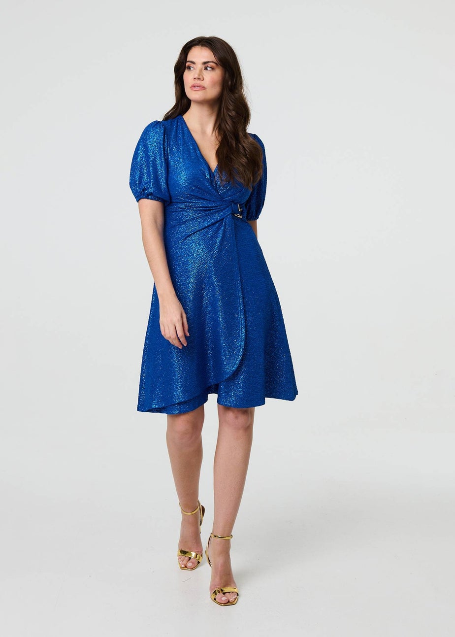 Izabel London Blue Sparkly Belted Wrap Midi Dress