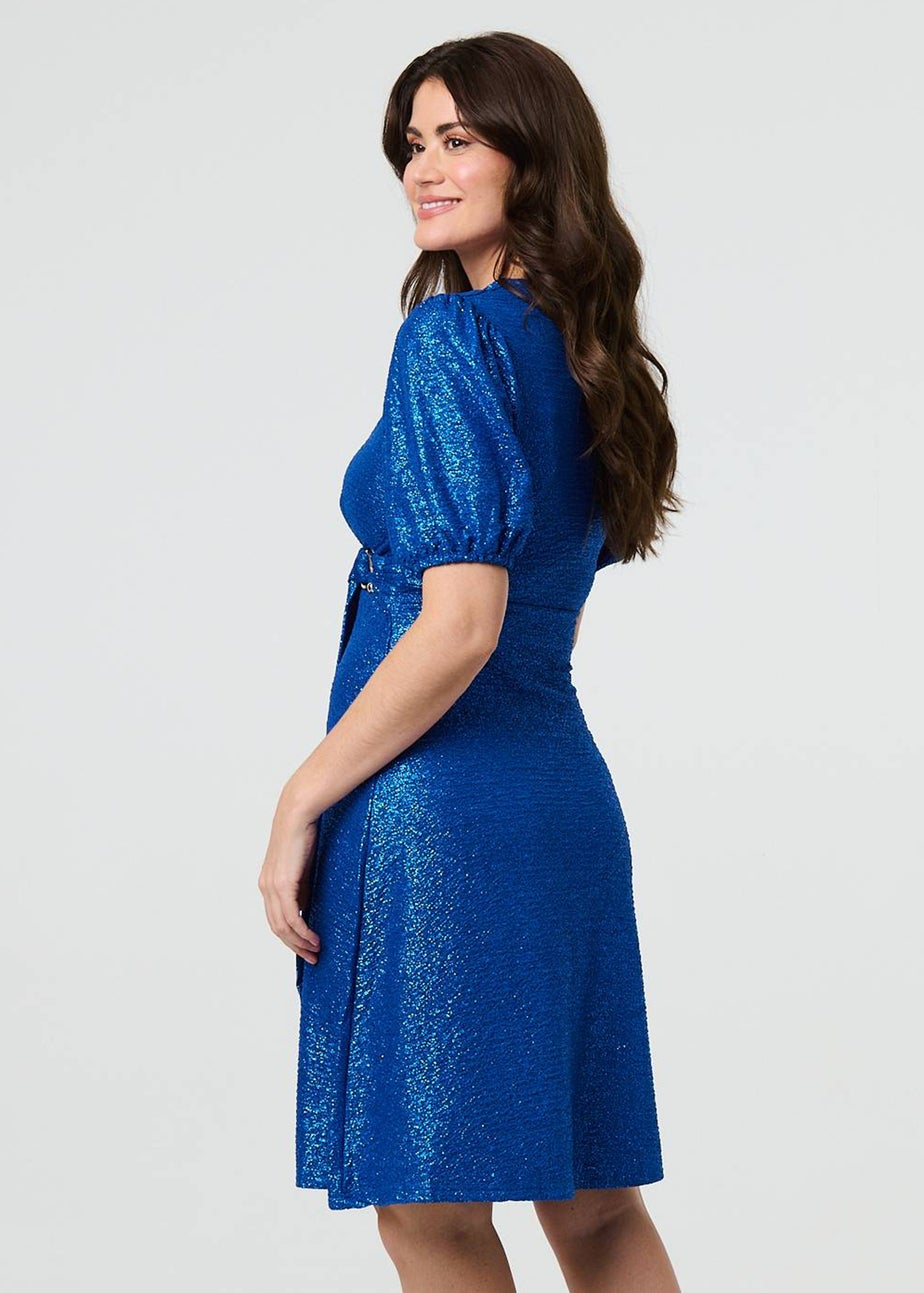 Izabel London Blue Sparkly Belted Wrap Midi Dress