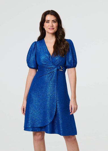 Izabel London Blue Sparkly Belted Wrap Midi Dress