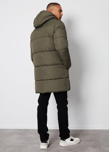 Threadbare Khaki Showerproof Hooded Longline Puffer Jacket