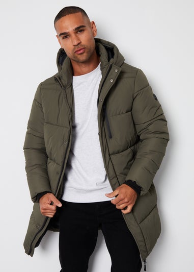Threadbare Khaki Showerproof Hooded Longline Puffer Jacket