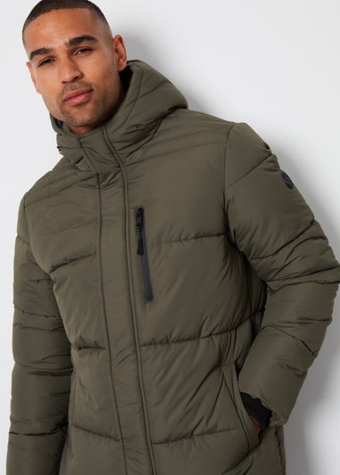 Threadbare Khaki Showerproof Hooded Longline Puffer Jacket