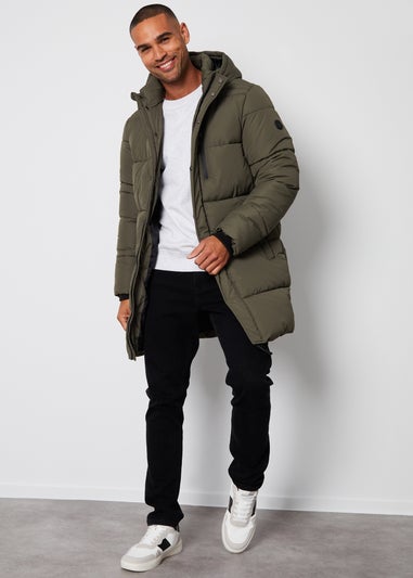 Threadbare Khaki Showerproof Hooded Longline Puffer Jacket