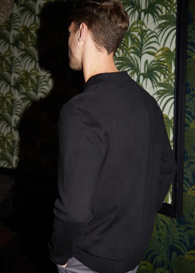 Threadbare Black Trophy Neck Knitted Long Sleeve Polo Jumper