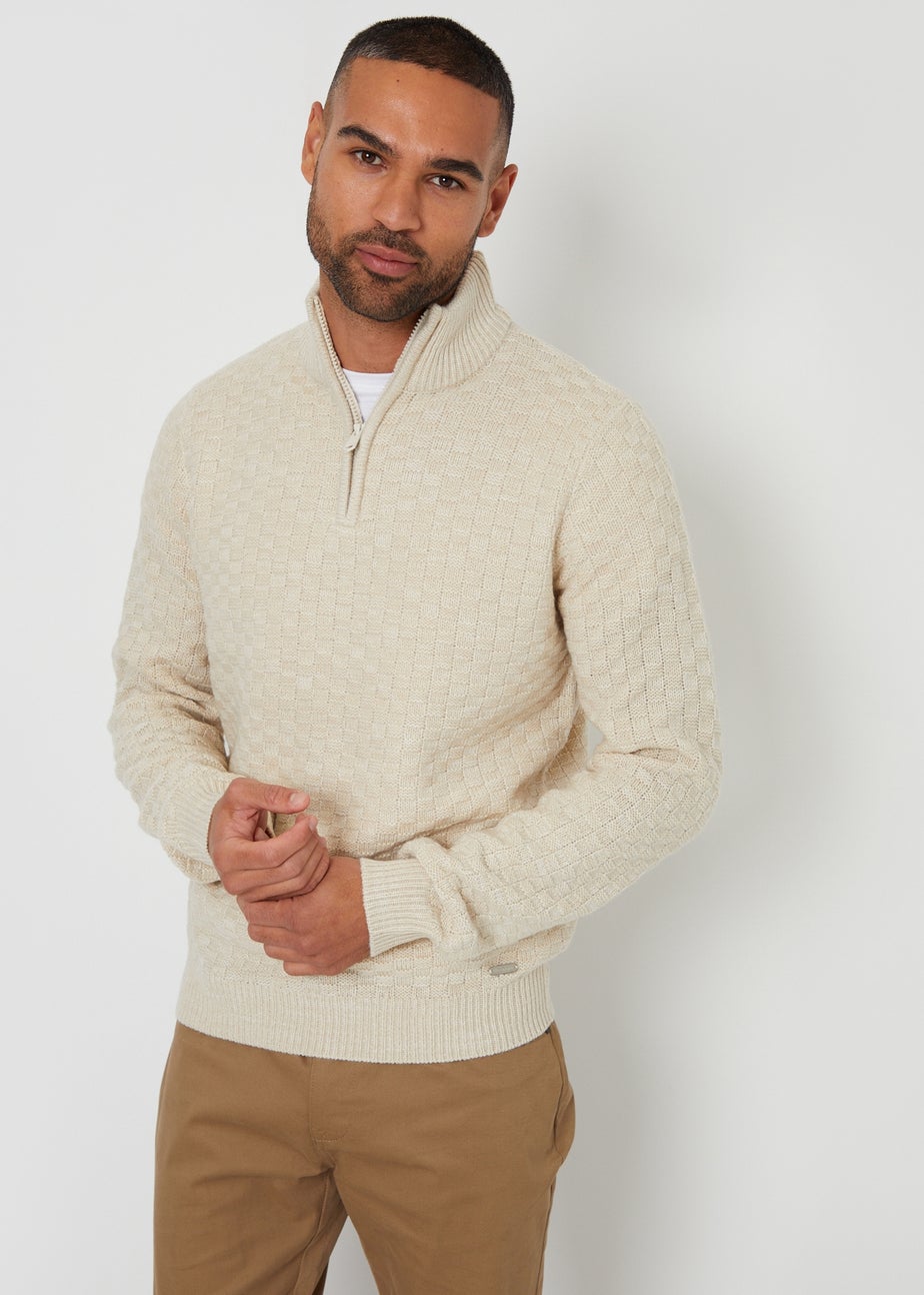 Threadbare Natural Textured Quarter Zip Jumper With Wool
