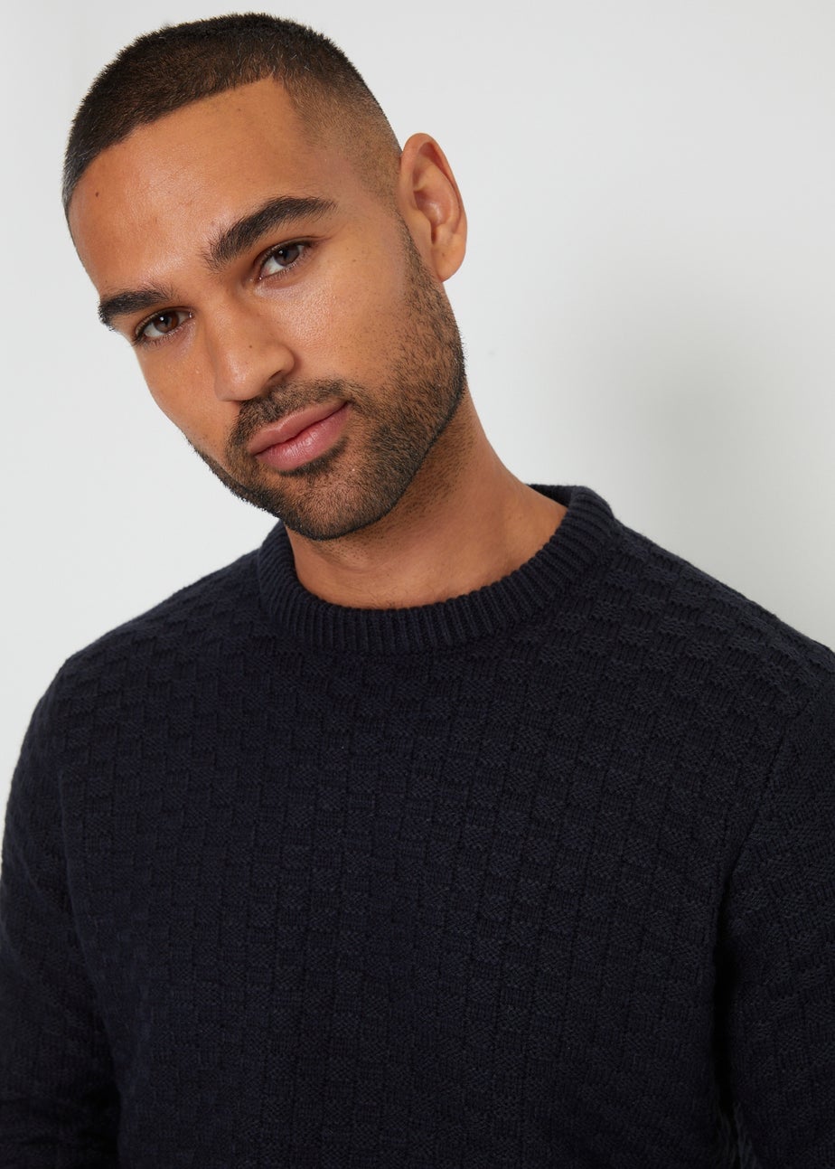 Threadbare Navy Textured Knit Crew Neck Jumper