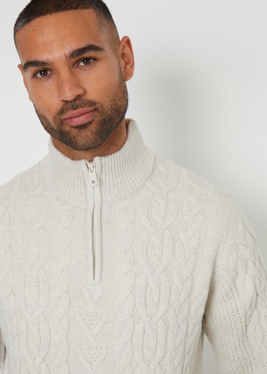 Threadbare Grey Cable Knit Quarter Zip Jumper With Wool