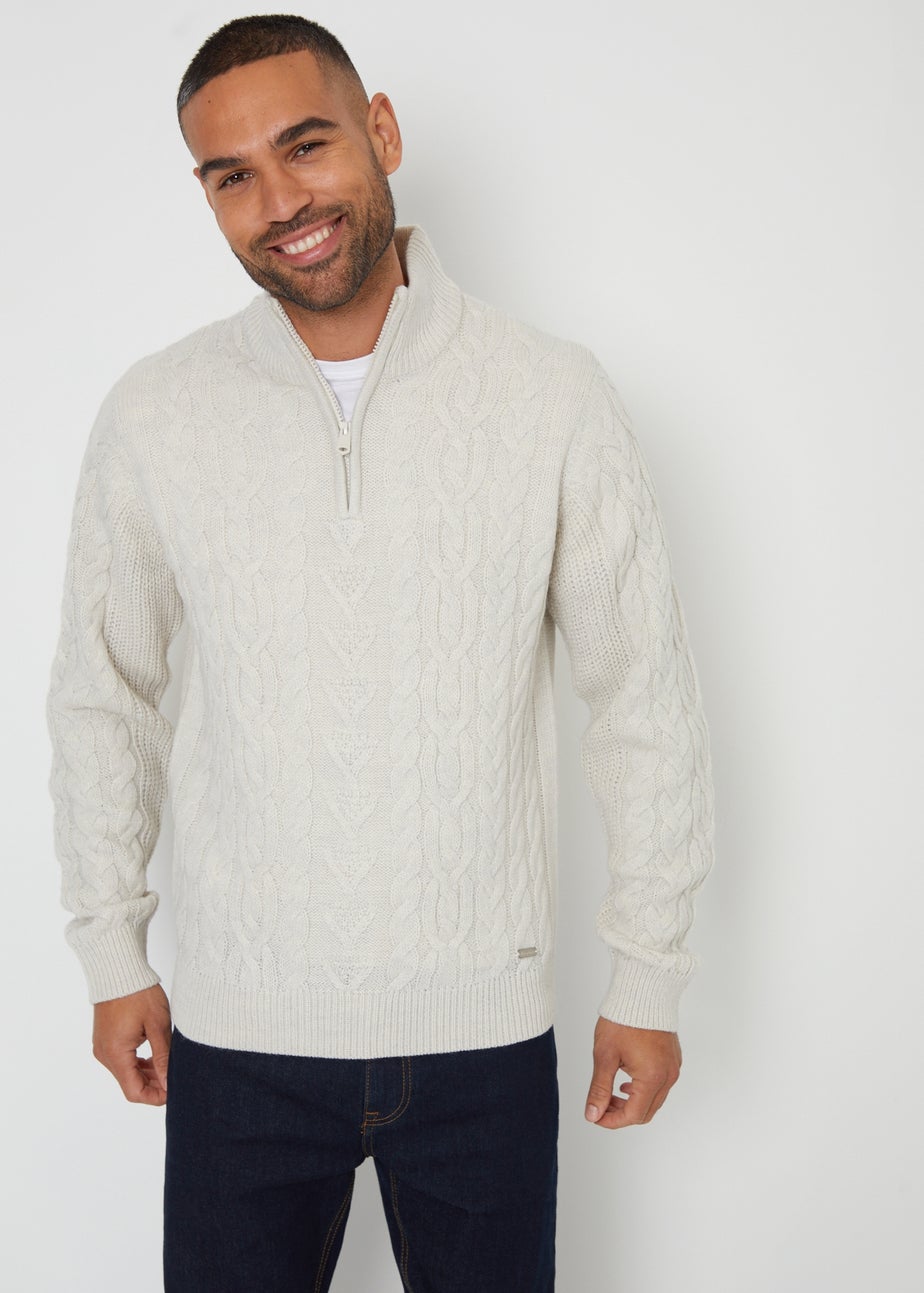 Threadbare Grey Cable Knit Quarter Zip Jumper With Wool