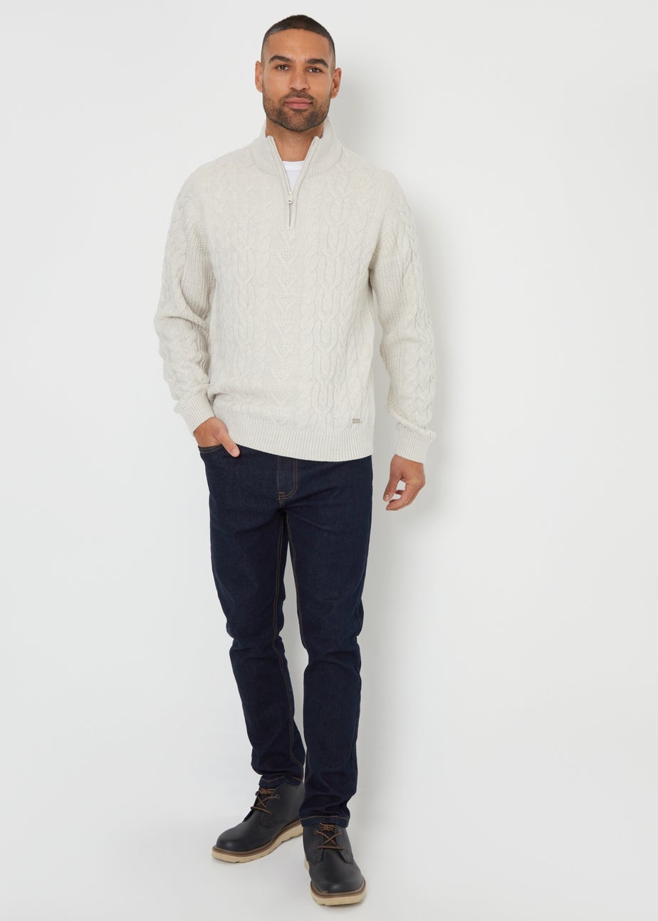 Threadbare Grey Cable Knit Quarter Zip Jumper With Wool